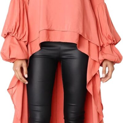 PRETTYGARDEN Women's Lantern Long Sleeve Round Neck High Low Asymmetrical Irregular Hem Casual Tops Blouse Shirt Dress