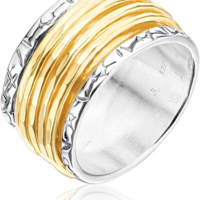 925 Sterling Silver Rotating Spinner Ring with 5 One Micron 14K Gold Plated Sterling Silver Hammered Spinner Rings - Hypoallergenic, Nickel & Lead-free - Artisan Handcrafted Designer Collection