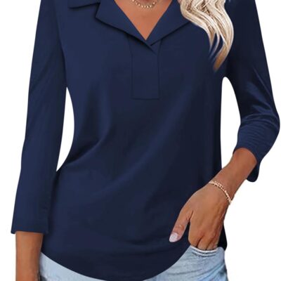 LUYAA Womens Polo Shirts 3/4 Length Sleeve Tops Collar V Neck Business Casual Blouses