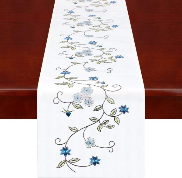 Simhomsen Double Thickness Rustic Embroidered Floral Table Runners for Spring and Summer, Dresser Scarf (Blue, 14 × 70 Inch)