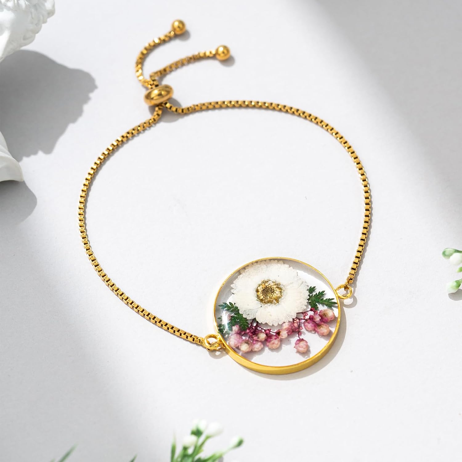 Flower Bracelets for Women,Daisy and Shepherd's Purse Real Pressed Flower Bracelet,Unique Handmade Design,Cute Bracelet,Thoughtful Gift for Christmas,Valentine's,Mother's Day (Adjustable) - Image 2