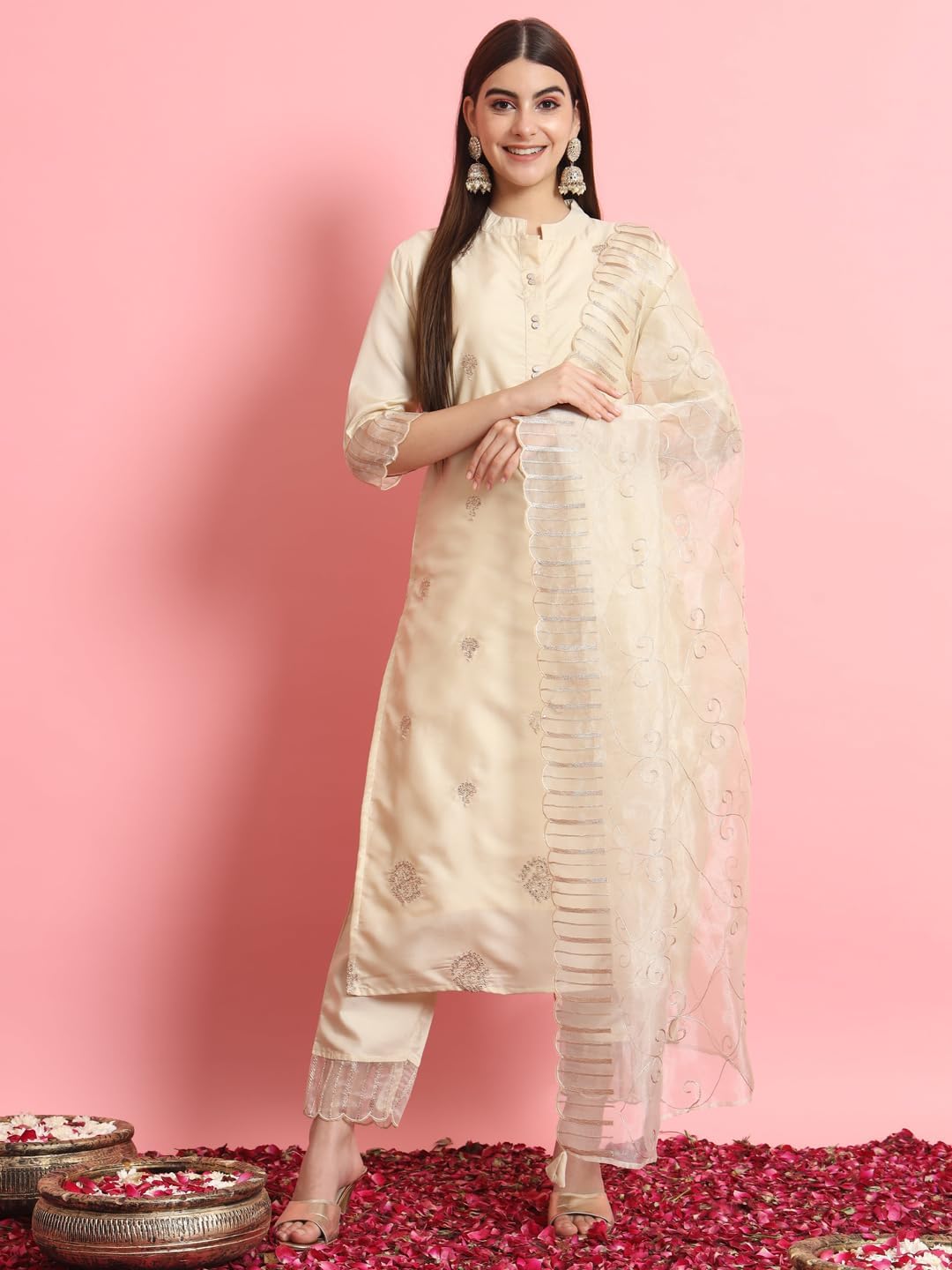 VredeVogel Women's Silk Blend Embroidered Kurta with Pant & Dupatta Set - Image 2