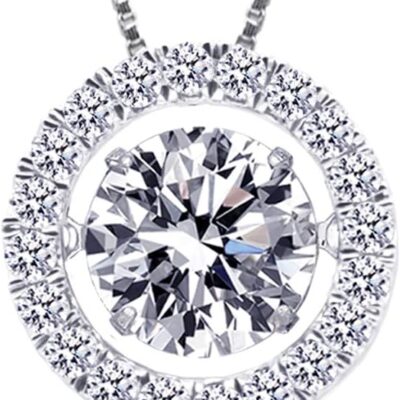Silver Necklace for Women, 1 Carat Dancing Diamond Cubic Zirconia Halo Pendant with 18"+2" Adjustable Chain, Anniversary, Birthday, Christmas Gift for Wife, Mom, Girlfriend