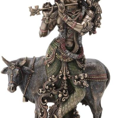Veronese Design 10 1/2 Inch Hindu God Krishna and The Holy Cow Cold Cast Resin Bronze Finish Sculpture Figurine