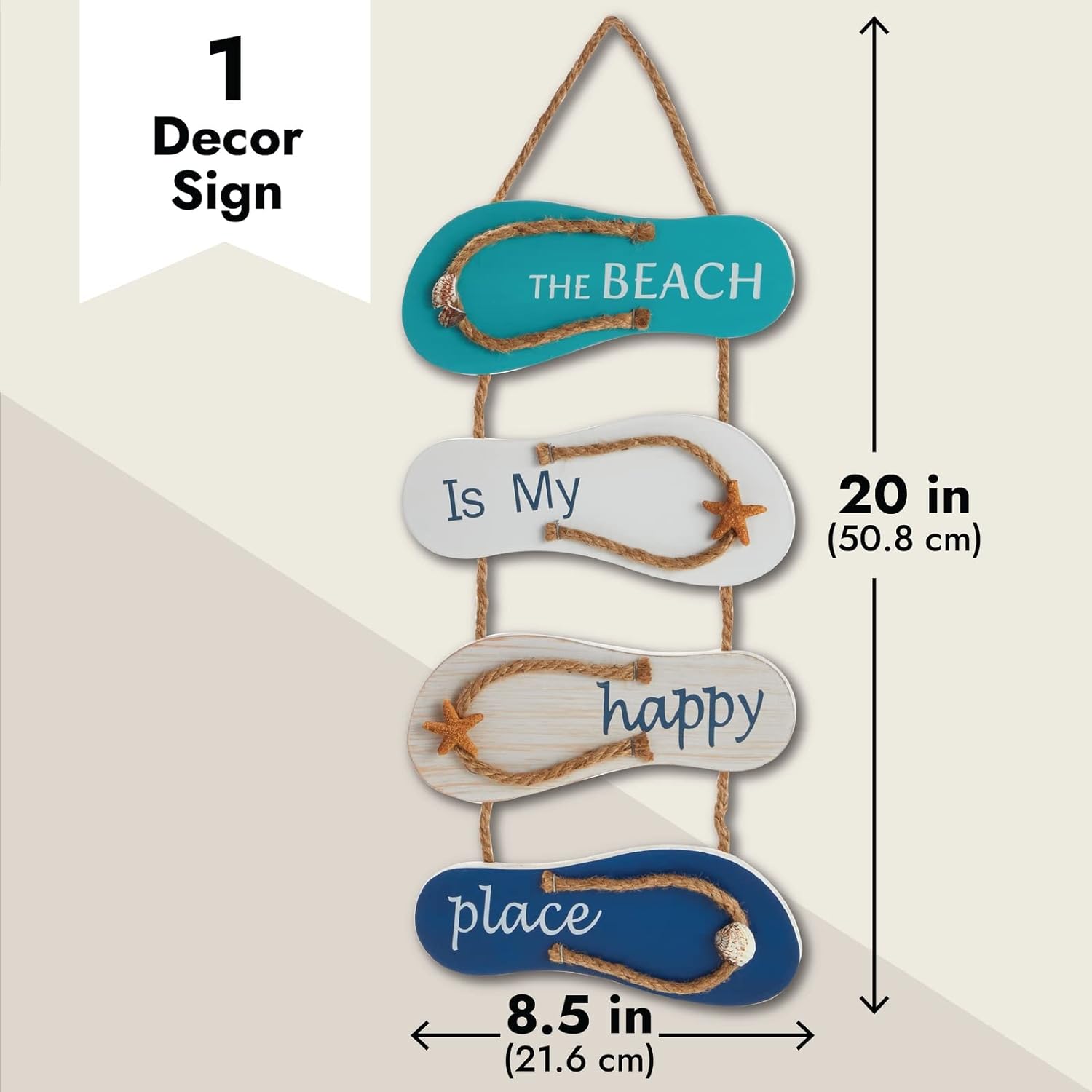 Juvale Wooden Beach Wall Hanging Decor Sign, Flip Flop Beach Decorations for Home, Bathroom, Living Room, Bedroom and Dining Room, The Beach is My Happy Place (8.7x20.9 In) - Image 4