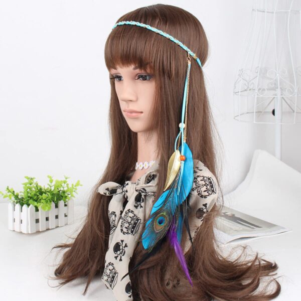 Boho Peacock Feather Headband Hippie Jewelry Gifts Native American Indian Costume Festival Hair Accessories Bohemian Clothing Dresses for Women and Girls(Blue) Multicolor Medium - Image 3