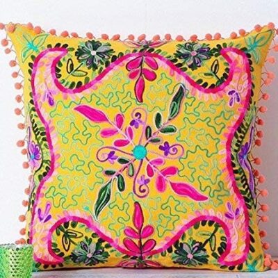 BLANDO Indian Home Decor Floral Cotton Throw Pillow Case Hand Embroidered Suzani Sofa & Couch Handmade Cushion Cover (Yellow)