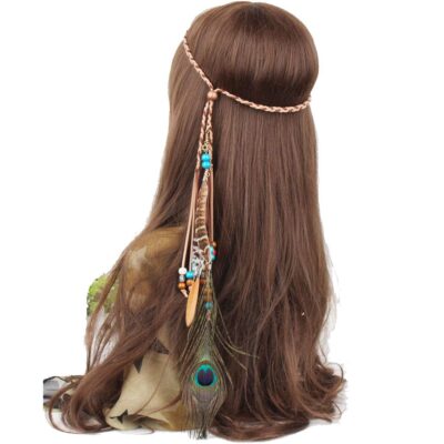 Boho Peacock Feather Headband Indian Headbands Hippie Feather Headdress Adjustable Rope Hair Accesoories for Women and Girls