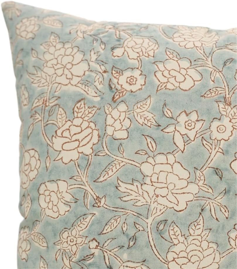 Handmade Block Print Cotton Satin 20"X20" Throw Pillowcase Cushion Cover, Home Décor, Living Room, Sustainable for Sofa and Couch, Fall Decoration, Floral Printed, Mrignayani, Blue - Image 7