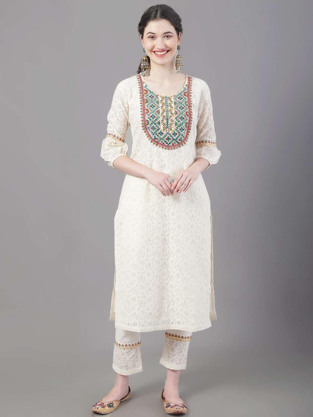 Women's Cotton Straight Off White With Red Hand Embroidered Kurta Pant Set With Dupatta - Image 6
