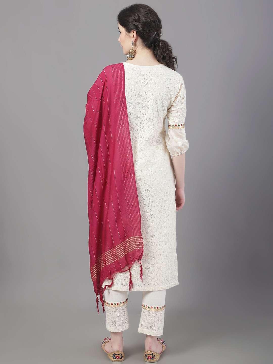 Women's Cotton Straight Off White With Red Hand Embroidered Kurta Pant Set With Dupatta - Image 2