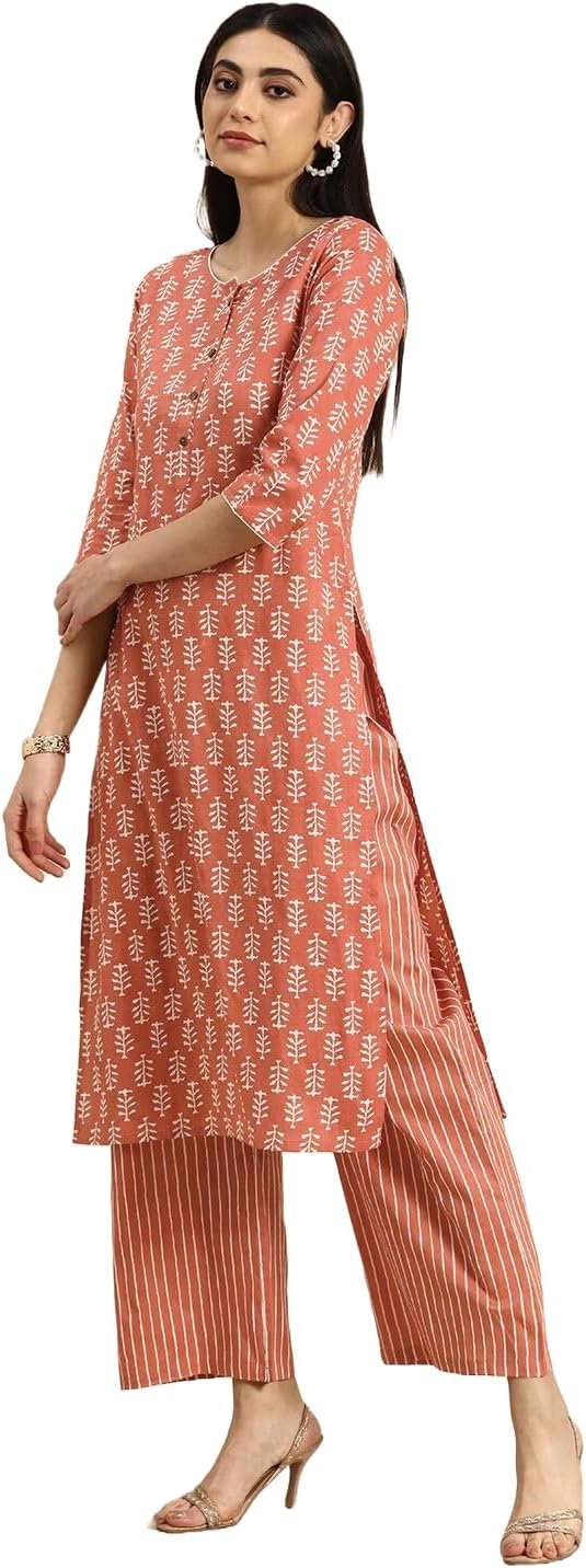 Women's Cotton Printed Floral Straight Kurta with Palazzo - Image 2