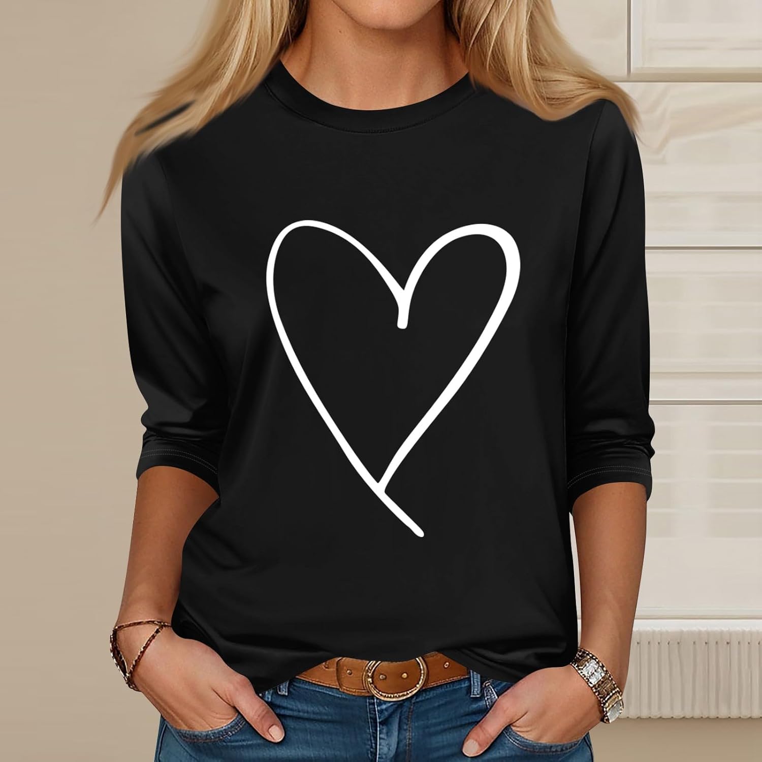 Shirts for Women 3/4 Length Sleeve Crewneck Tops Fall Winter Trendy Loose Casual Printed Three Quarter Cute Blouse - Image 2