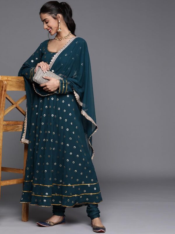 Womens Georgette Embroiderd Sequence Work Indian Style Party Wear Anarkali Kurta and Dupatta With Leggings - Image 2