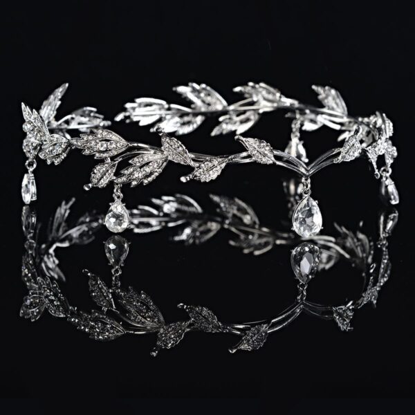 TRAWOLF Bridal Pearl Headband Leaf Crystal Tiara Bridal Headpiece, Wedding Tiara Beaded Forehead Band Crystal Rhinestones Wedding for Her Party Headpiece for Bride Bridesmaid Girls-Silver - Image 5
