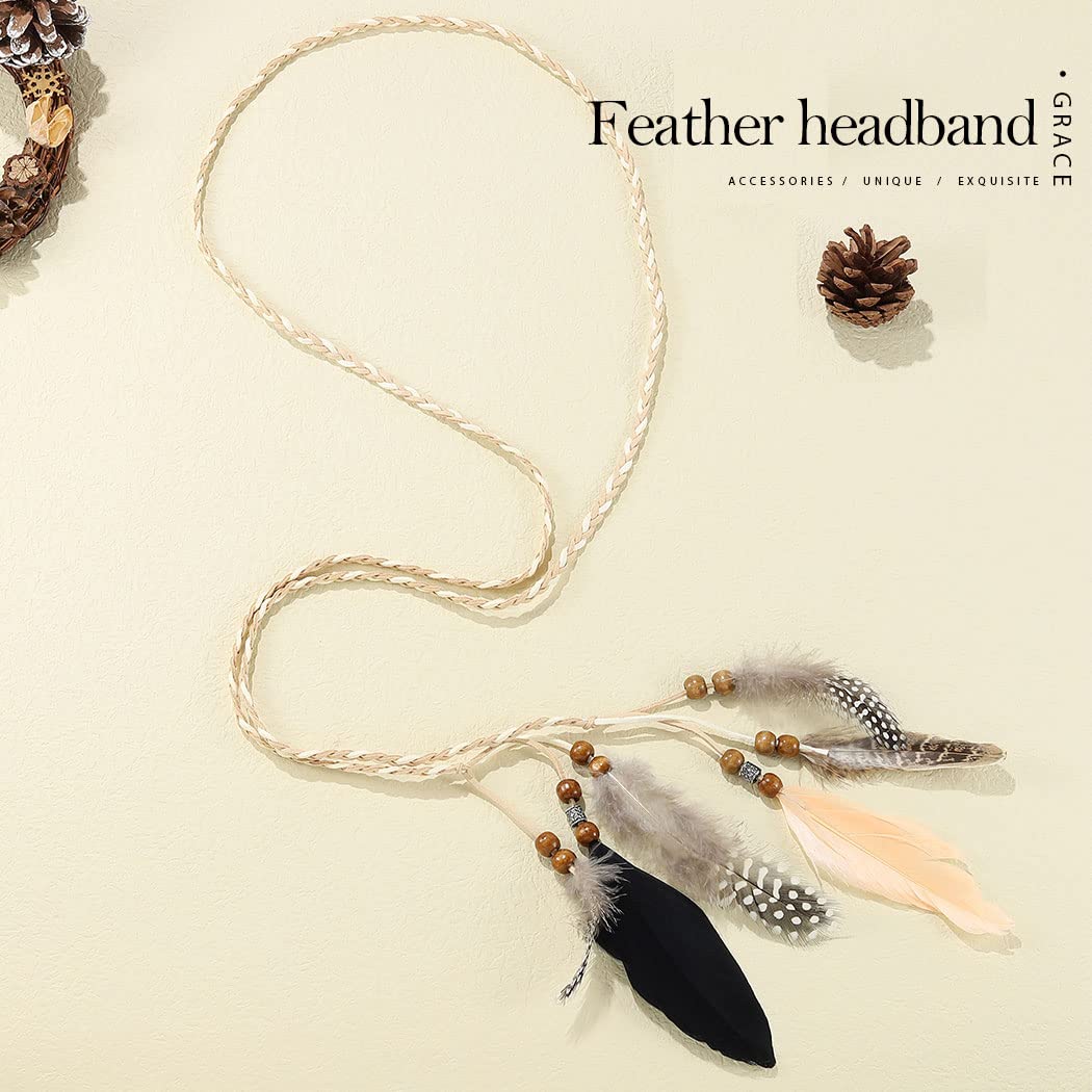 GORTIN Boho Feather Headband Brown Indian Peacock Feather Headbands Gypsy Hippie Headband Headwear Festival Party Headpiece for Women (Type B) - Image 2