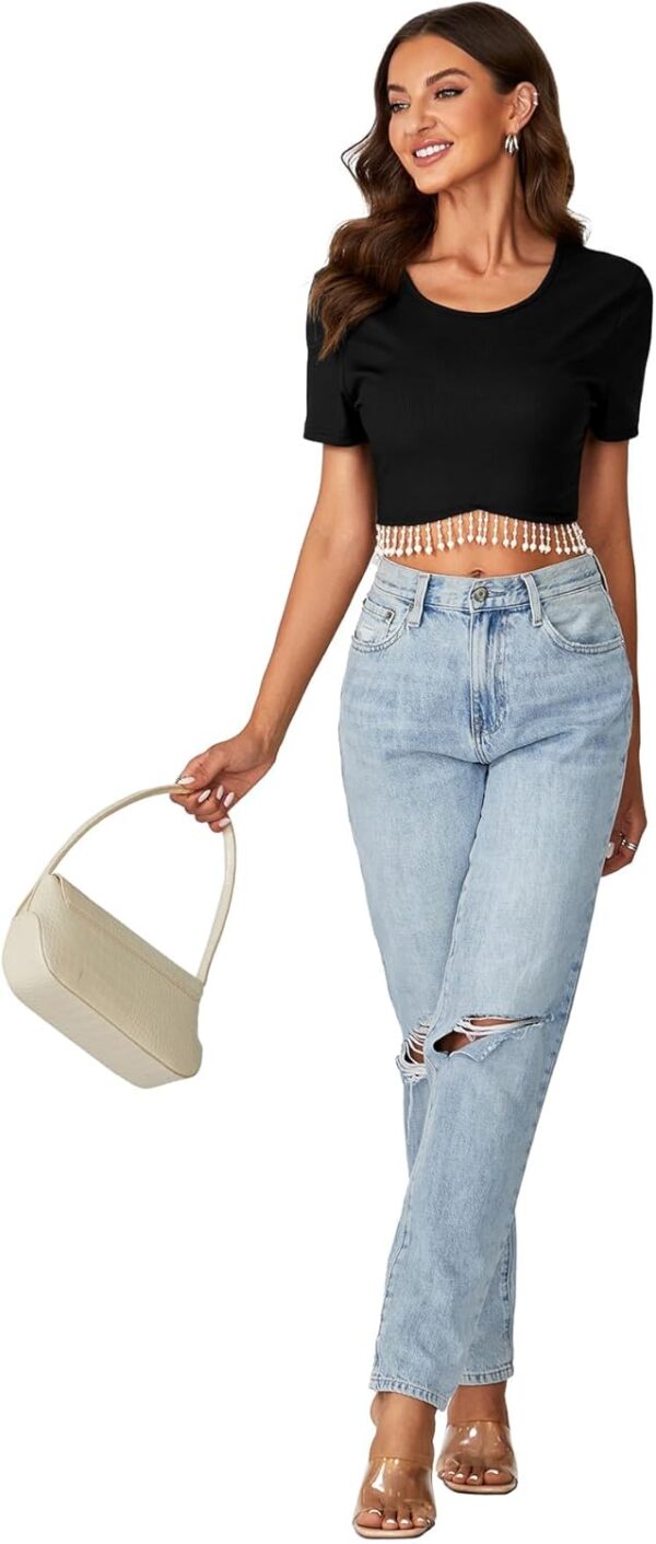 LYANER Women's Round Neck Short Sleeve Tassel Trim Hem Rib Crop Top Blouse - Image 6