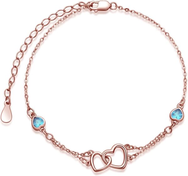 Dorunmo Anklet/Bracelet for Women 925 Sterling Silver Birthstone Jewelry Cubic Zirconia Double Heart Chain Jewelry for Mom Wife Friend Bride Valentine's Day Christmas Birthday Mother's Day