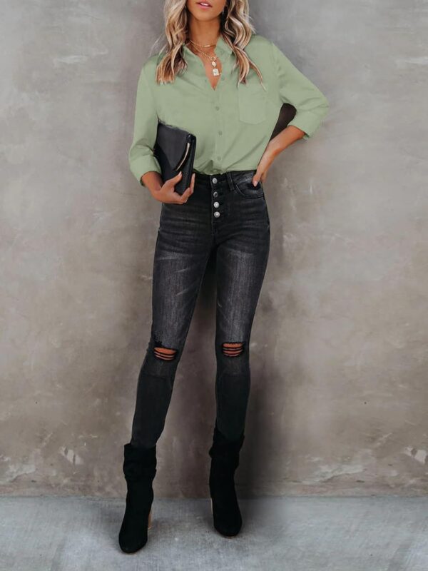 Womens Button Down Shirts Dress Shirts Long Sleeve Collared Blouses V Neck Work Office Tunic Chiffon Tops - Image 4