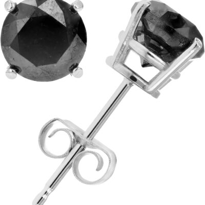 Black Diamond Stud Earrings in .925 Sterling Silver with Rhodium Push Backs Round Prong Set