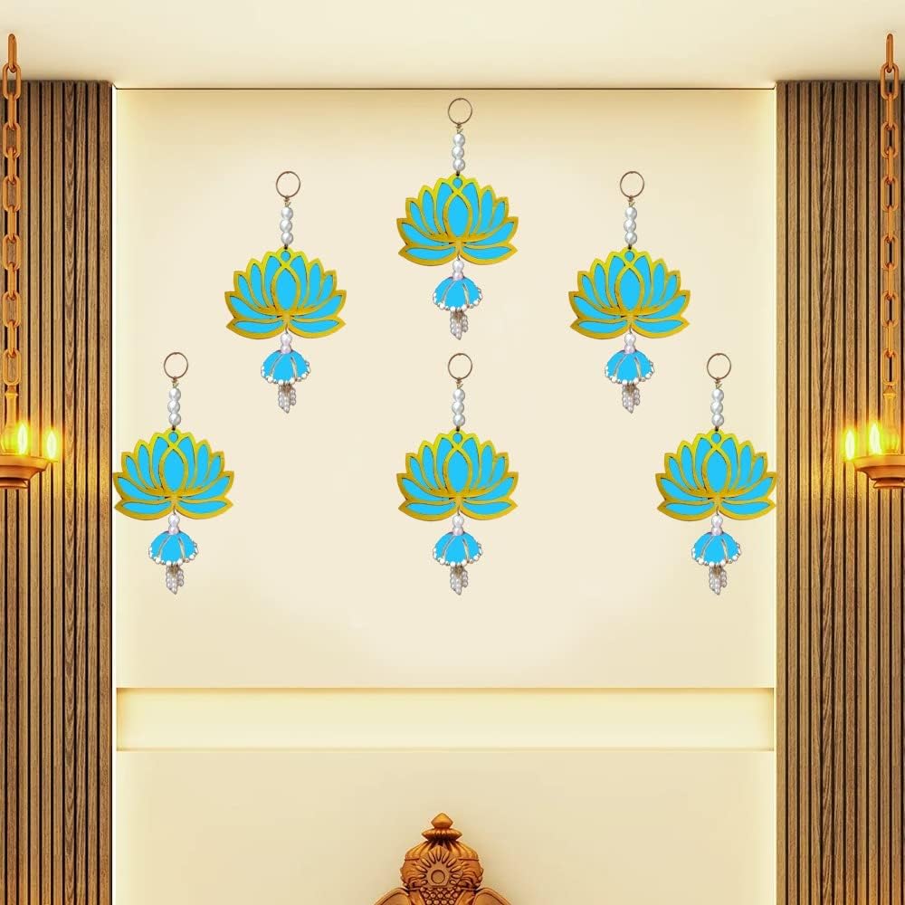 Lotus Blue Jhumka Wall Decor Hanging Set of 6 - Diwali Showpiece Gift Home Temple Pooja Festival Wedding Marriage Stage Decoration