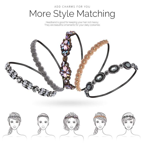 Teenitor Elastic Beaded Headbands, 5pcs Beads Headband,Jewels Headband,Crystal Rhinestone Headband for Women Girls - Image 5