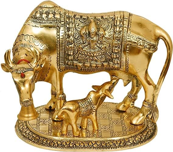 Brass Murti Kamdhenu Cow & Calf | Nandi Cow Decorative Showpiece | Cow with Calf Statue Idol for Diwali II Wedding II Pooja Room II Temple II Gifting | Gold and Silver (14 x 8 x 12.5 cm