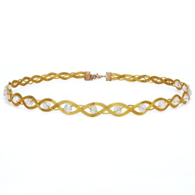 Handmade Braided Fairy Circlet Medieval Celtic Headpiece Gold Crown Fantasy Headband White Beads Cosplay Hair Accessory Vintage Headdress for Renaissance Birthday Rave Masquerade