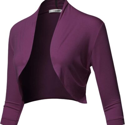 SSOULM Women's 3/4 Sleeve Open Front Bolero Shrug Cardigan with Plus Size