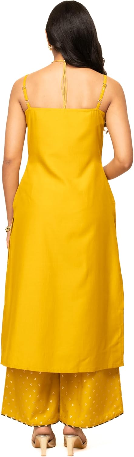 Women's Yellow Silk Blend Straight Kurta With Palazzo And Dupatta - Image 3