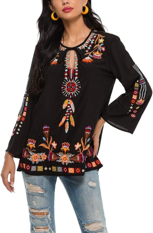 AK Women's Embroidered Tops Mexican Shirt V Neck Summer Casual Tops Peasant Tunic Loose Blouse - Image 3