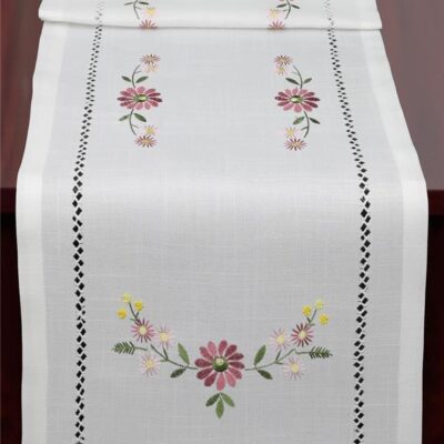 Creative Linens Hemstitch Embroidered Daisy Flower Table Runner 15x52 Dresser Scarf White Rectangular