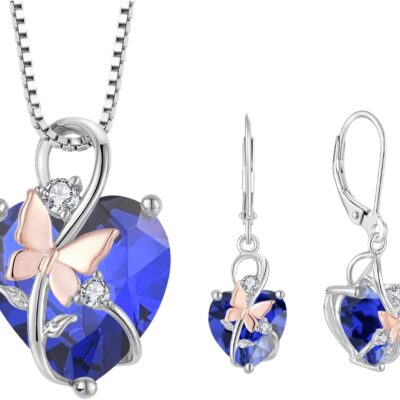 Butterfly Heart Necklaces and Earrings Jewelry Set for Women, 925 Sterling Silver Cubic Zirc for Women, 925 Sterling Silver Cubic Zirconia Birthstone Pandent, Anniversary Birthday Gifts for Her
