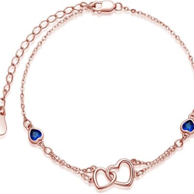 Dorunmo Anklet/Bracelet for Women 925 Sterling Silver Birthstone Jewelry Cubic Zirconia Double Heart Chain Jewelry for Mom Wife Friend Bride Valentine's Day Christmas Birthday Mother's Day