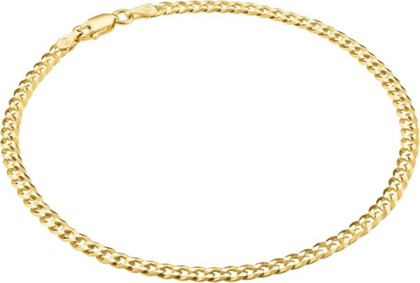 KISPER Solid 925 Sterling Silver 18k Gold Plated Italian Anklet Bracelet for Women - 3.5mm Waterproof Diamond-Cut Curb Chain - Flat Cuban Link Womens Ankle Bracelets, Made in Italy, 9-11 Inches