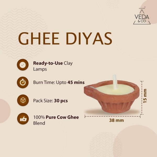 Welburn Veda&Co™ Pure Cow Ghee Diya for Puja - 30 Pieces, 45 Minutes Burn Time, Clarified Butter Filled, Paraffin Free, Clay Diya Lamp, Ready to Use Diya, Yoga & Meditation, Eco Friendly Pooja Diyas - Image 3