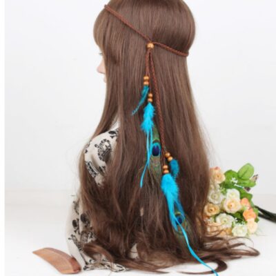 Gangel Hippie Indian Feather Headband Bohemian Headpiece with Fashion Peacock Feather Tassel Hemp Rope for Festival Masquerades Carnival Costume Blue Hairband Side Hair Accessories