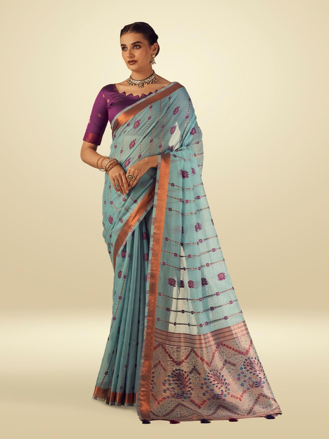 Mysha Cotton Saree, Peacock and Floral Motifs, Unstitched Blouse, - Image 2