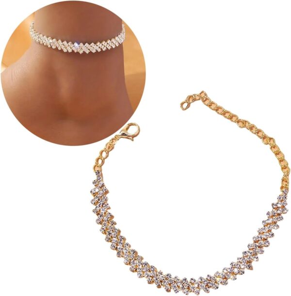 Shiny Elegant Sterling Silver Gold Body Chain Fashion Rhinestone Heart Cuban Anklet Bracelet for Women Heart-Shape Leg Ankle Chain Wholesale Foot Jewelry For Wife Mom Grandma Mothers Wedding Day Gifts - Image 3
