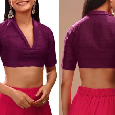 Dupion Solid Saree Blouse Top Plunging Collar Neckline and Half Sleeves Side Zipper Choli Sari