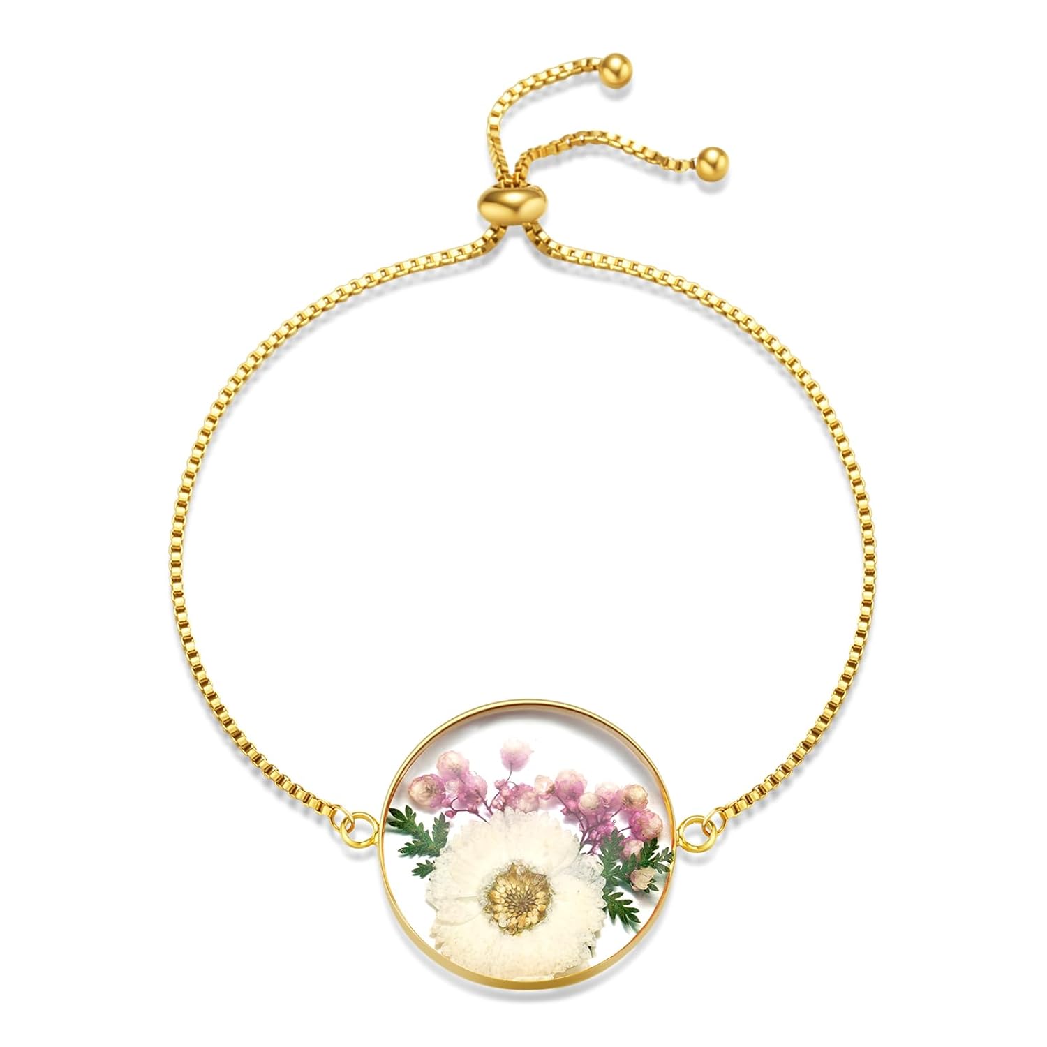 Flower Bracelets for Women,Daisy and Shepherd's Purse Real Pressed Flower Bracelet,Unique Handmade Design,Cute Bracelet,Thoughtful Gift for Christmas,Valentine's,Mother's Day (Adjustable)