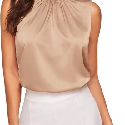 Verdusa Women's Elegant Tie Back Sleeveless Pleated Mock Neck Satin Blouse Top