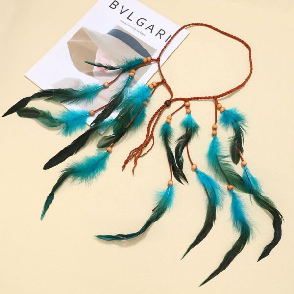 GORTIN Boho Feather Headband Hippie Headband Gypsy Feather Headpiece Indian Costume Headwear Hair Accessory for Women (A-Blue, One size) - Image 2