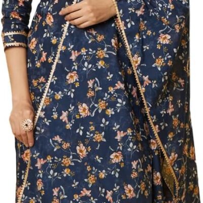 Tissu Women's Navy Blue Printed Pure Cotton Kurta & Palazzo With Dupatta