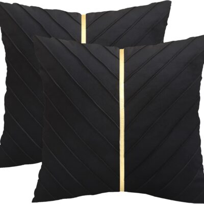 Tosleo Black Velvet Throw Pillow Covers 18 x18 inch Pack of 2 with Gold Leather Decorative Couch Pillow Cover Luxury Modern Pillowcases for Wedding Living Room Bedroom Sofa Cushion Bed