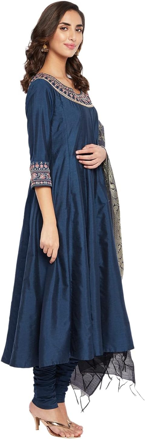 Indian Indigo Cotton Silk Anarkali Kurta, Churidar Pant & Dupatta for Women | 3/4 Sleeves, Round Neck, Ankle Length - Image 2