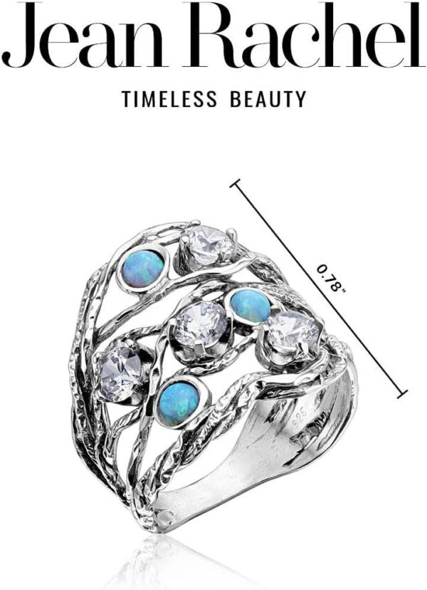 925 Sterling Silver Ring With 3 Blue Round Opal and 4 White Round Cubic Zirconia, Boho Chic Vintage Look, Hypoallergenic, Nickel and Lead-free, Artisan Handcrafted Designer collection, Made In Israel - Image 7