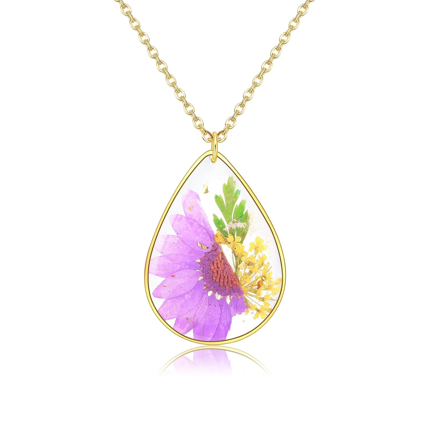 Handmade Pressed Flower Necklace - Birth Flower Necklace - October Flower Language - Elegant & noble - Great Gift for Women - Gold - 18”
