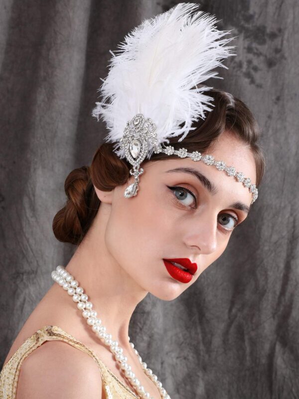 SWEETV 1920s Feather Headpiece Ivory, Womens Ostrich Feather Crystal Headband, Great Gatsby Hair Accessories for Women, Ribbon Tie - Image 4