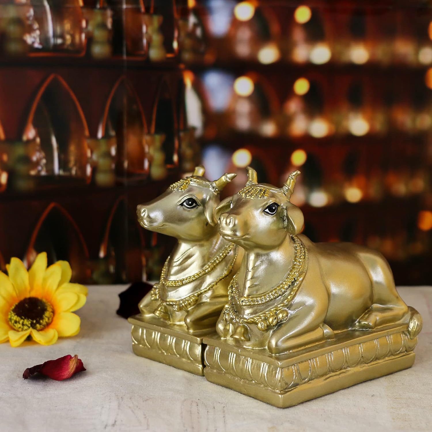Hindu Nandi Holy Cow Statues - 2PCS Gold Nandi Cow Sitting Position Statue for House Temples Puja Home Decor Diwali Gift - Image 2